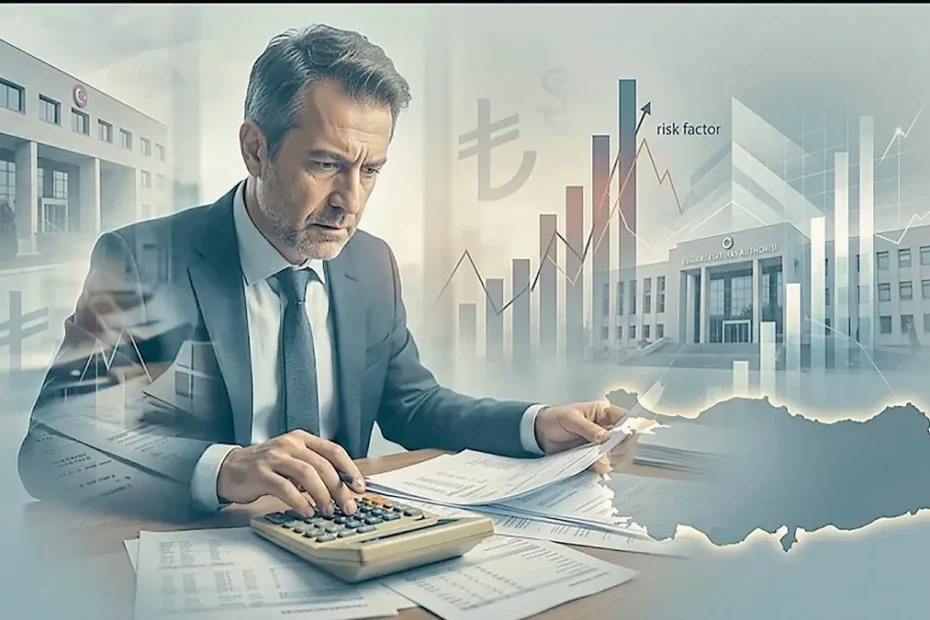 نمایی از ساختمان اداره مالیات ترکیه و نمودار صعودی لیر، نماد ثبات اقتصادی.